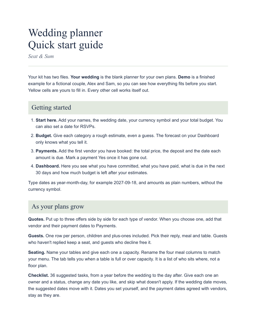 First page of the included quick-start guide, with instructions for opening the planner and entering vendor payments.
